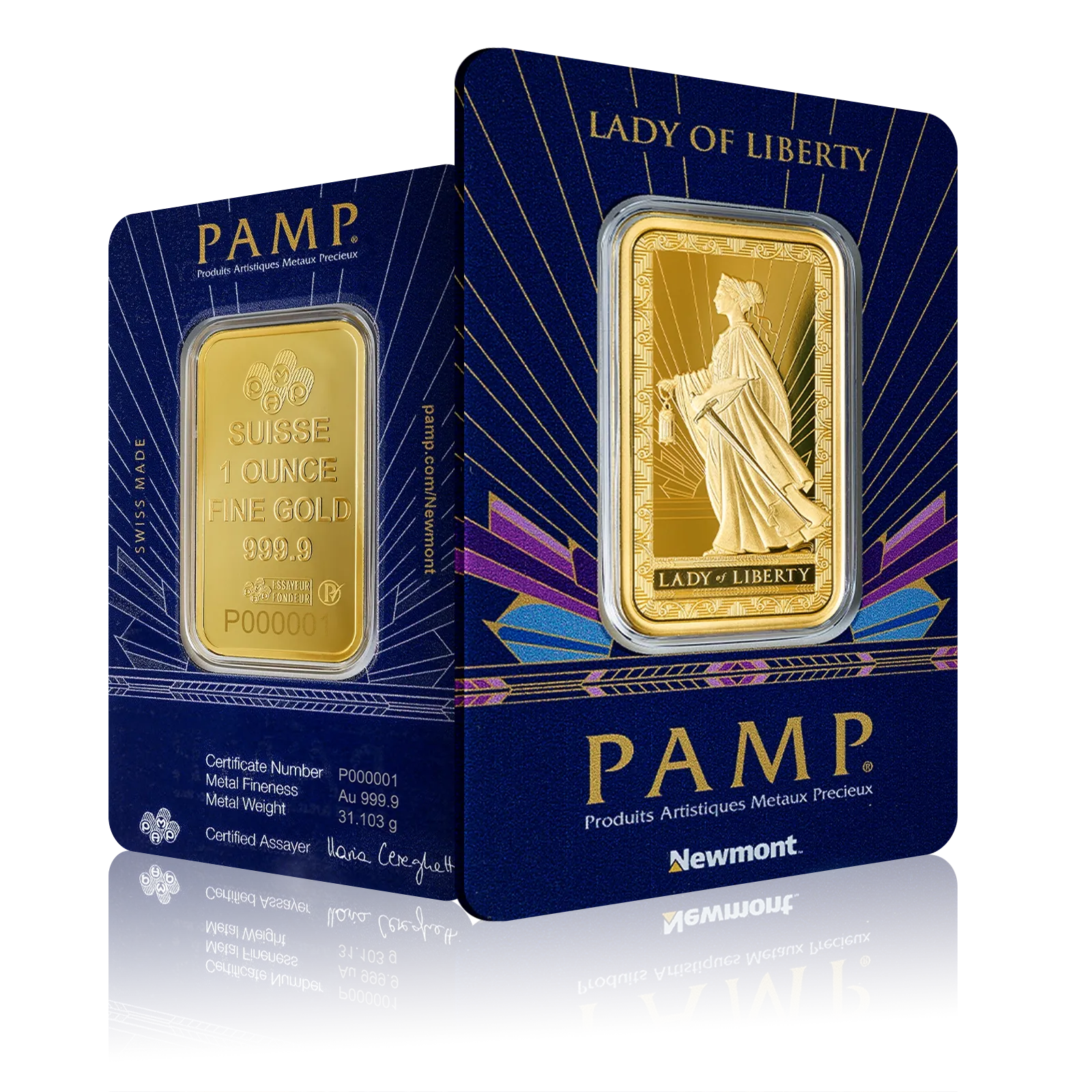 1 Oz PAMP Newmont  Lady of Liberty Gold Bar (999.9)