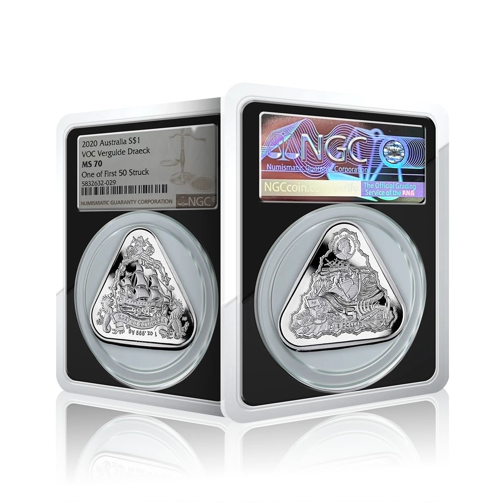 1 Oz Silver Triangle Australia VOC Vergulde Draeck (NGC Graded-MS70)